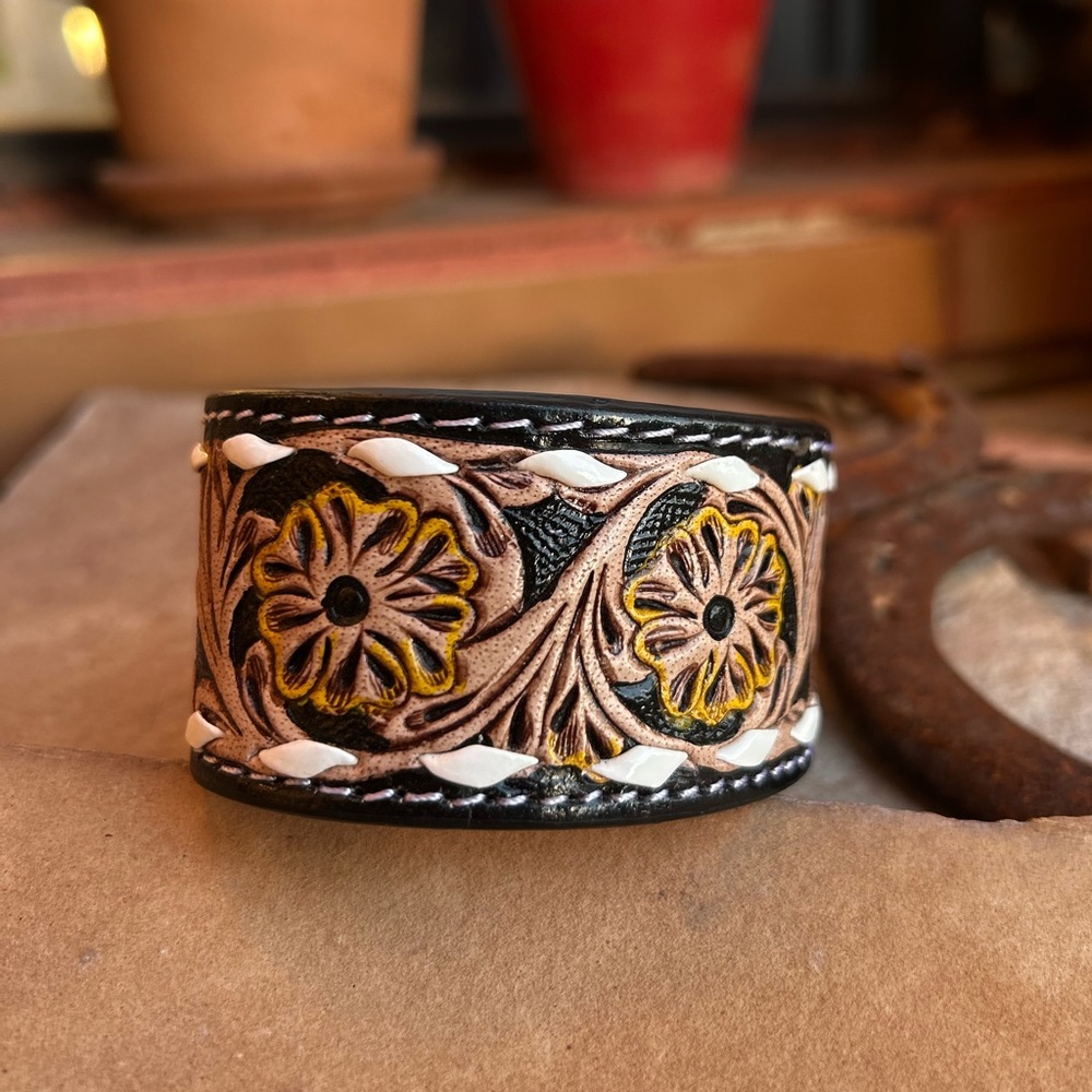 Leather Tooled Floral Embossed Cuff Bracelet - Black and Brown NWT